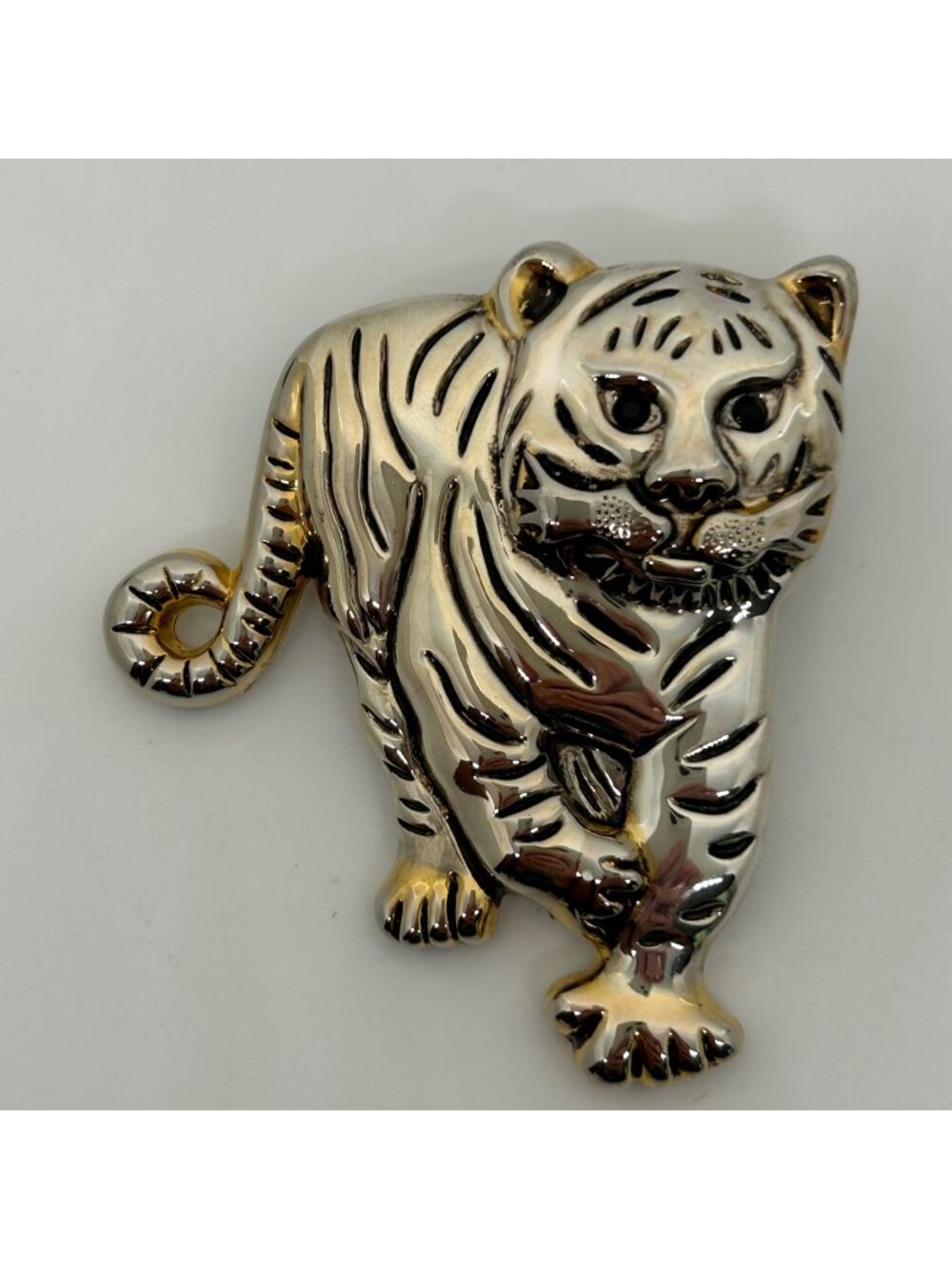 Vintage Silver-tone Tiger Brooch Gold-Tone Accents Mirror Finish Animal Zoo